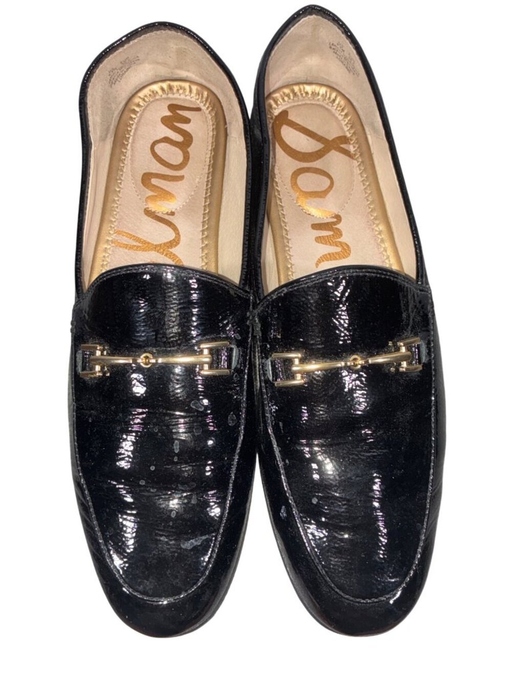 Sam Edelman Loraine Bit Loafers Black Patent Leather Gold Hardware Womens Shoes